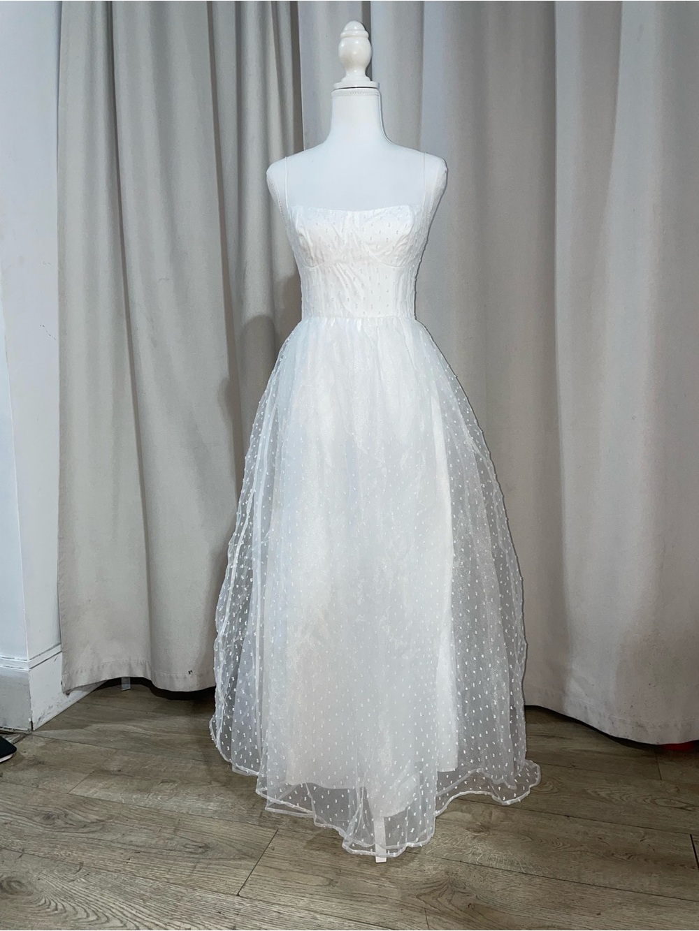 Reformation White Mallow Swiss Dot Tea Length Wedding Dress